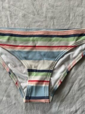 Roxy “Line Up” Striped Bikini Bottoms in Light Blue, Cream, Green, Pink & Red